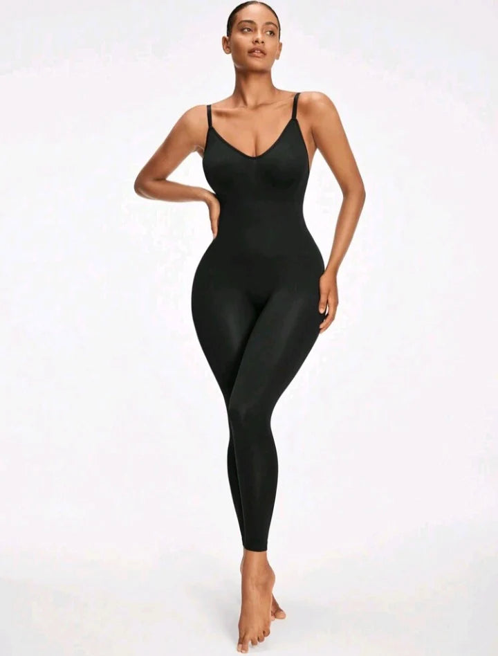 2-Piece Seamless Bodycon Jumpsuit Set (Black + Nude)