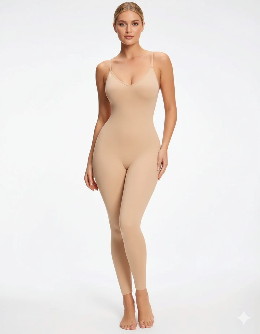 2-Piece Seamless Bodycon Jumpsuit Set (Black + Nude)